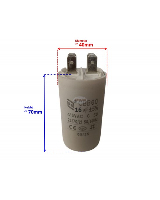 CBB60 16uF 450V AC Motor Run Capacitor, 16 MFD 415VAC 50/60Hz Cylindrical 4-Pin Spade Terminal for Washer Water Pump Motor