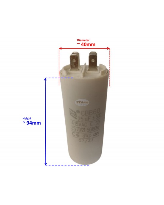 CBB60 25uF 450V AC Motor Run Capacitor, 25 MFD 415VAC 50/60Hz Cylindrical 4-Pin Spade Terminal for Washer Water Pump Motor