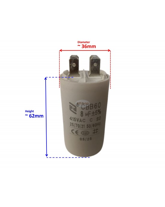 CBB60 8uF 450V AC Motor Run Capacitor, 8 MFD 415VAC 50/60Hz Cylindrical 4-Pin Spade Terminal for Washer Water Pump Motor