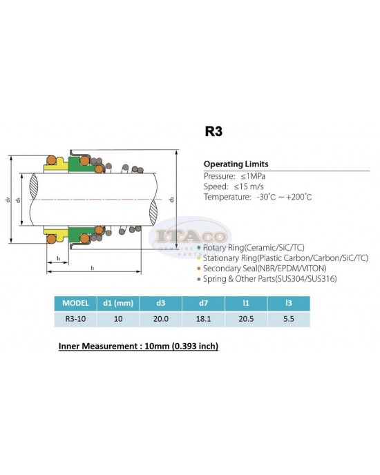 Mechanical Water Pump Seal Kit Blower Diving Circulating TS 155 10MM R3 0.393" inch Rotary Ring Plastic Carbon SiC TC Spring Stationary Ring Cermaic Seal Engine