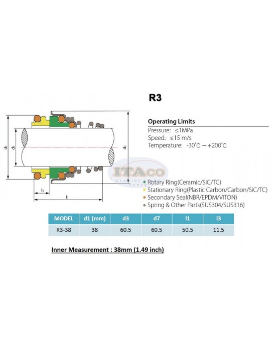 Mechanical Water Pump Seal Kit Blower Diving Circulating TS 155 38MM 1.496 " inch R3 Rotary Ring Plastic Carbon SiC TC Spring Stationary Ring Cermaic Seal Engine
