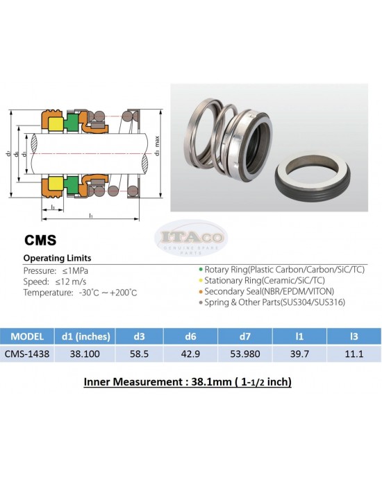 Mechanical Water Pump Seal Shaft WIN 1 1/2" 1.5 inch " 38MM Blower Diving TS560A Rotary Ring Plastic Carbon SiC TC Spring Stationary Ring Cermaic Seal CMS Engine