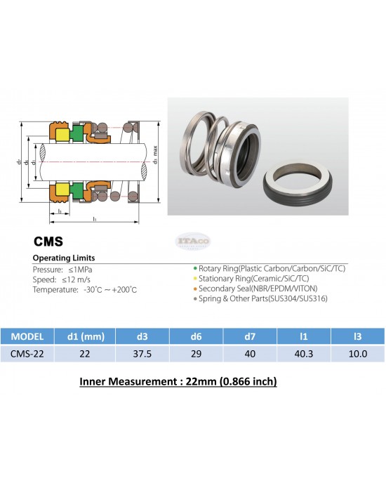 Mechanical Water Pump Shaft Seal Kit WIN 22MM Blower Diving Circulating TS560A Rotary Ring Plastic Carbon SiC TC Spring Stationary Ring Cermaic Seal CMS Engine