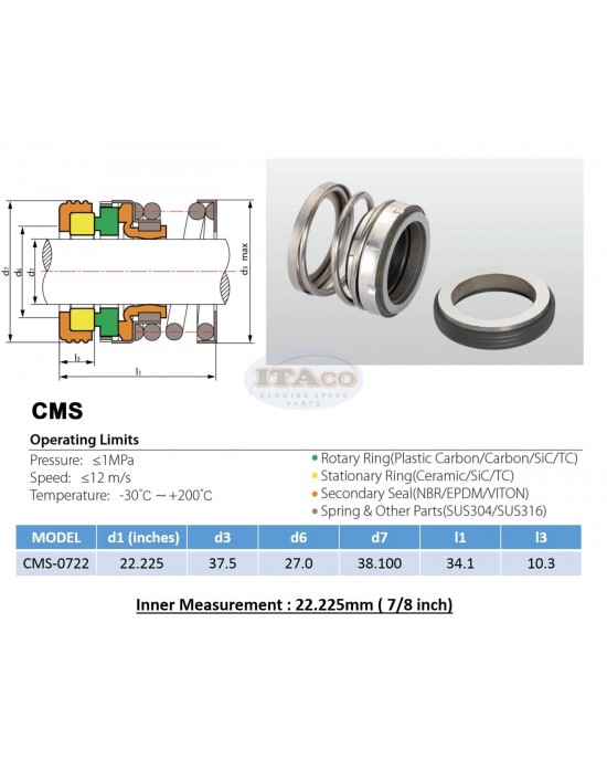 Mechanical Water Pump Seal Blower Diving Circulating WIN 7/8" 0.875 inch TS560A  Rotary Ring Plastic Carbon SiC TC Spring Stationary Ring Cermaic Seal CMS Engine